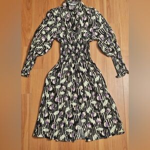 Stockholm Atelier & Other Stories Smocked Midi Black Abstract Dress